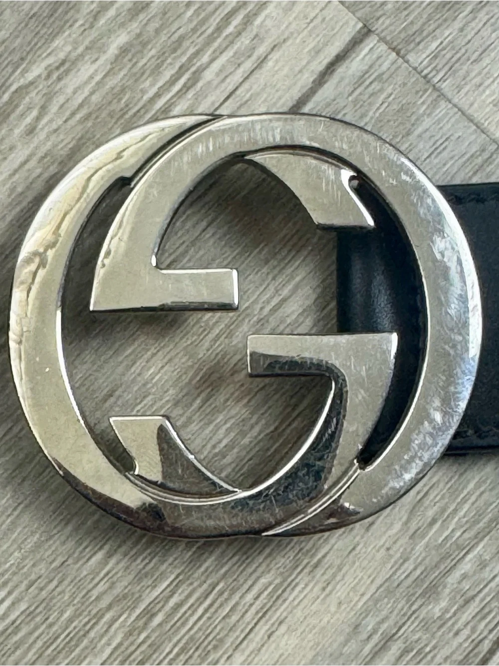 Gucci Interlocking G Black Leather Belt Silver Buckle Size 95/38